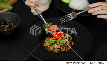 Cropped shot of female eating Thai traditional 66497887