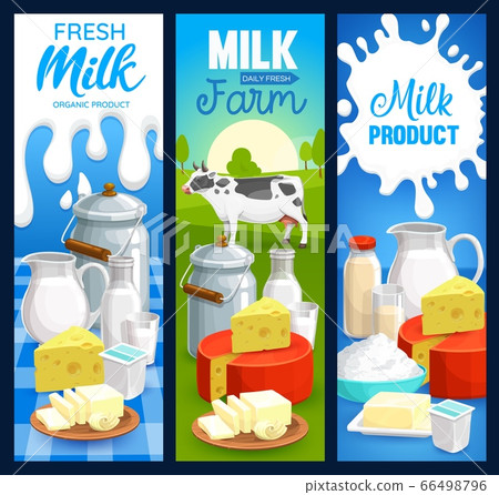 Milk food products of dairy farm, vector banners 66498796