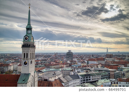 Aerial panoramic view above historical part of Munich, Germany. 66499701