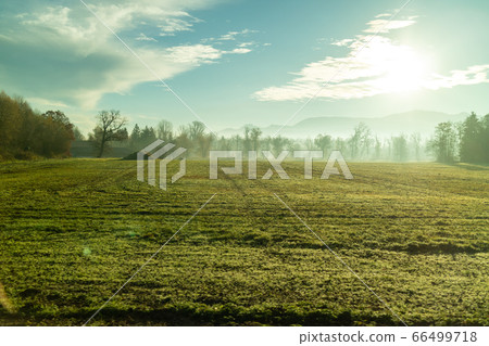 Sunny morning natural landscape with agricultural fields , Austria. Sunny morning natural landscape with agricultural fields , Austria. 66499718