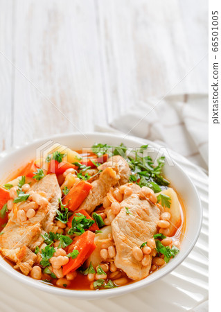navy bean, veggies and pork stew, top view navy bean, veggies and pork stew, top view 66501005