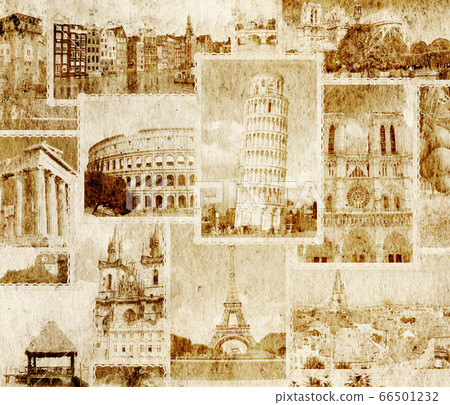 Vintage travel background with retro photos of 66501232