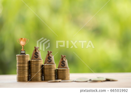 Golden trophy, US money bags on rows of rising coins. Financial concept : portfolio management champion, money or asset investment depicts great performance and portfolio for highest profit Golden trophy, US money bags on rows of rising coins. Financial concept : portfolio management champion, money or asset investment depicts great performance and portfolio for highest profit 66501992