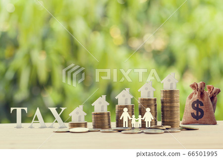 Family members, house, dollar money bags on rows of rising coins. Concept family tax benefit, residential property or estate taxt depicts home equity loan, reverse mortgage Family members, house, dollar money bags on rows of rising coins. Concept family tax benefit, residential property or estate taxt depicts home equity loan, reverse mortgage 66501995