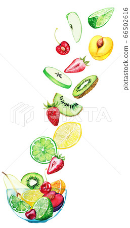 Hand drawn watercolor fruits falling into the glass bowl 66502616