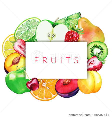 Heap ow hand drawn watercolor fruits, frame template 66502617