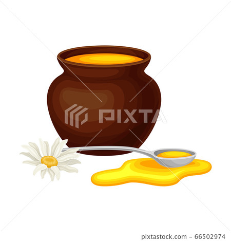 Ceramic Pot with Honey and Daisy Flower Rested Nearby Vector Illustration Ceramic Pot with Honey and Daisy Flower Rested Nearby Vector Illustration 66502974