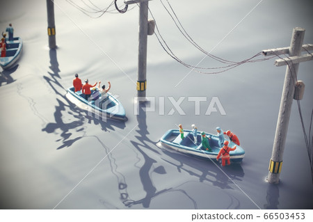 被洪水淹沒的城鎮和救生艇營救的西洋鏡景觀 被洪水淹沒的城鎮和救生艇營救的西洋鏡景觀 66503453