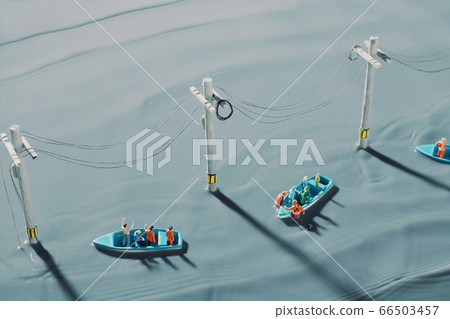 被洪水淹沒的城鎮和救生艇營救的西洋鏡景觀 66503457