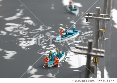 Landscape of diorama rescued by flooded town and lifeboat 66503477