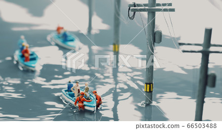 被洪水淹沒的城鎮和救生艇營救的西洋鏡景觀 66503488