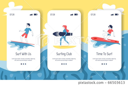 Mobile onboard screens with surfers and surfing. 66503613