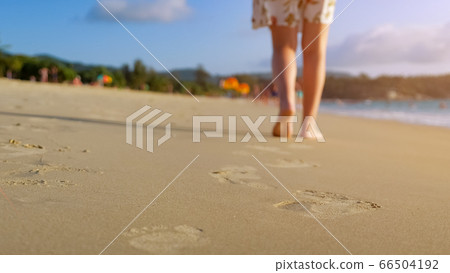 barefoot woman walks on ocean beach wet sand leaving footprints 66504192