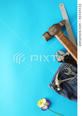 Father's day, tools in jeans pocket on a blue bright background, flower, holiday greetings concept, top view, copy space Father's day, tools in jeans pocket on a blue bright background, flower, holiday greetings concept, top view, copy space 66504338