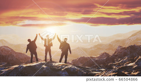 Three guys meet the dawn on the top of the mountain. 3d rendering Three guys meet the dawn on the top of the mountain. 3d rendering 66504866