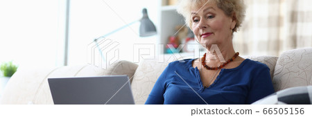Elderly woman sitting with laptop on her lap home 66505156