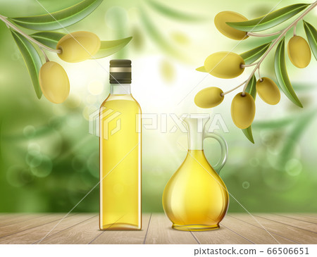 Glass bottle and jug with olive oil. 66506651