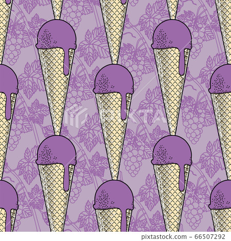 Grape ice cream in a waffle cone. 66507292