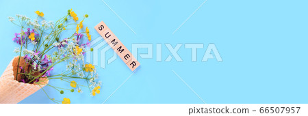 Bouquet of wild flowers in a waffle cone. Summer Bouquet of wild flowers in a waffle cone. Summer 66507957