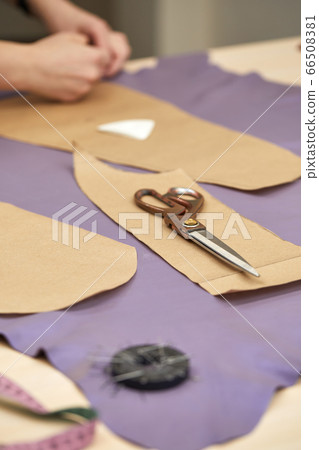 sewing scissors, fabric and pins for sewing and needlework 66508381