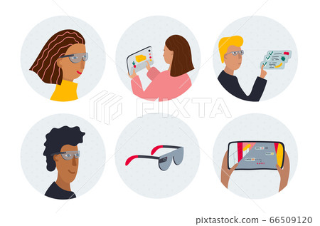 People using Augmented Reality glasses application in life, grocery shopping at supermarket, interior design, city navigation. Flat vector illustration. Round circle sticker set for technology project 66509120