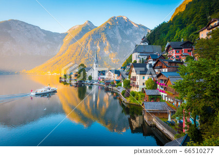 Hallstatt with ship at sunrise, Salzkammergut, Austria 66510277