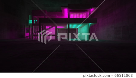 Abstract architectural concrete and black interior of a minimalist house with color gradient neon lighting. 3D illustration and rendering. Abstract architectural concrete and black interior of a minimalist house with color gradient neon lighting. 3D illustration and rendering. 66511868