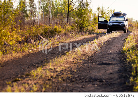Subaru Forester with roof box at dirt road 66512672