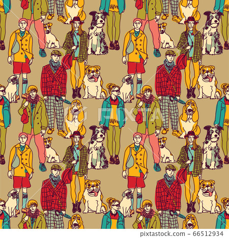 Walking people and dogs color seamless pattern 66512934