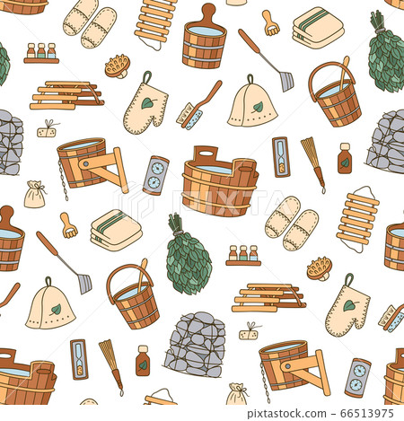 Sauna and Bathhouse accessories. Hand drawn seamless pattern. 66513975
