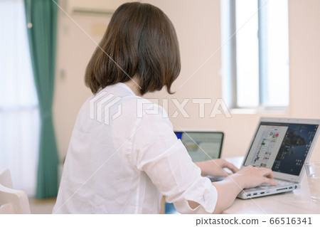 An image of a woman working at home on a PC, working from home 66516341
