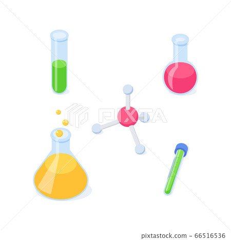 Chemical isometric set - glass flasks and test-tube with liquid and molecule model for learning and studying design Chemical isometric set - glass flasks and test-tube with liquid and molecule model for learning and studying design 66516536