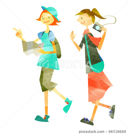 兩個女人享受城市漫步水彩紋理 兩個女人享受城市漫步水彩紋理 66516689