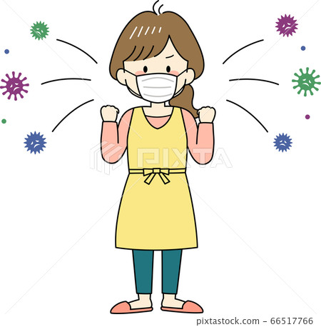 圍裙的家庭主婦戴著口罩防止感染（全身） 66517766