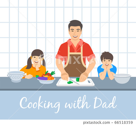 Dad with kids cooking dinner together in kitchen 66518359