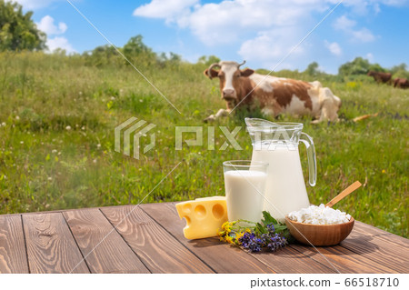 milk in glass jug 66518710
