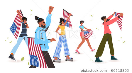 african american people holding usa flags and banners black lives matter campaign against racial discrimination 66518803