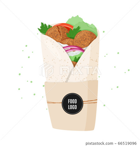 Traditional dish of Jewish cuisine Falafel pita roll. Vegetarian food, vegetable wrap with black sample logo sticker. Isolated on white background. 66519096