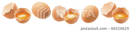 Set of whole and broken raw brown eggs with yellow yolks isolated on white background 66520629