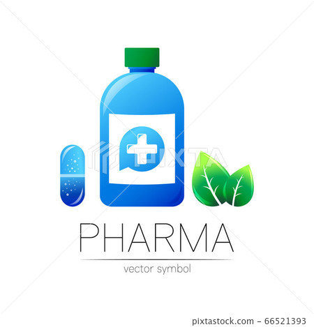 Pharmacy vector symbol with blue bottle and cross in circle, green leaf, for pharmacist, pharma store, doctor and medicine. Modern design logo on white. Pharmaceutical icon logotype with pill capsule Pharmacy vector symbol with blue bottle and cross in circle, green leaf, for pharmacist, pharma store, doctor and medicine. Modern design logo on white. Pharmaceutical icon logotype with pill capsule 66521393