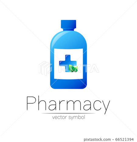 Pharmacy vector symbol with blue bottle and cross, green leaf for pharmacist, pharma store, doctor and medicine. Modern design vector logo on white background. Pharmaceutical icon logotype . Health Pharmacy vector symbol with blue bottle and cross, green leaf for pharmacist, pharma store, doctor and medicine. Modern design vector logo on white background. Pharmaceutical icon logotype . Health 66521394