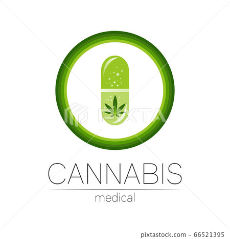Cannabis in the tablet pill capsule with circle vector logotype for medicine and doctor. Medical marijuana symbol. Pharmaceuticals with plant and leaf for health. Concept sign of green herb. Green 66521395