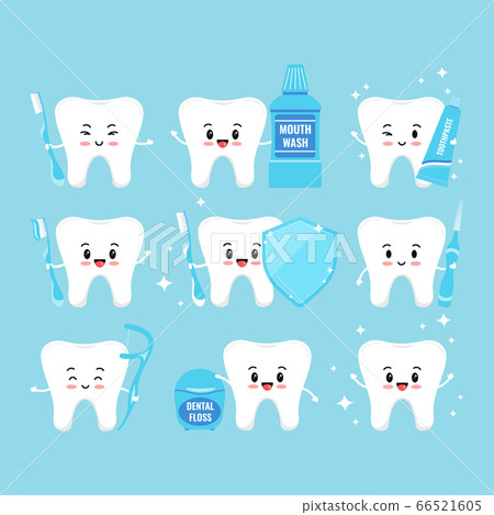 Tooth with oral hygiene products icons set isolated on white background. 66521605