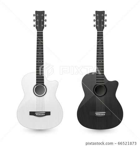 Vector 3d Realistic White and Black Classic Old Retro Acoustic Wooden Guitar Icon Set Closeup Isolated on Transparent Background. Design Templte, Mockup, Clipart. Musical Art Concept 66521873