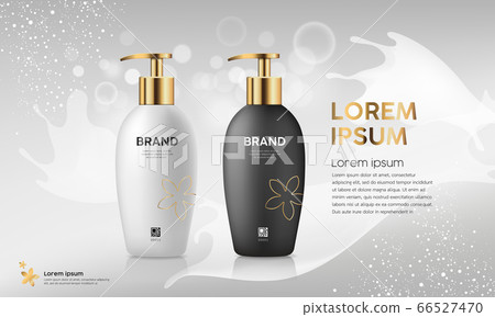 Pump bottle product collection, black and white with gold cap design Pump bottle product collection, black and white with gold cap design 66527470