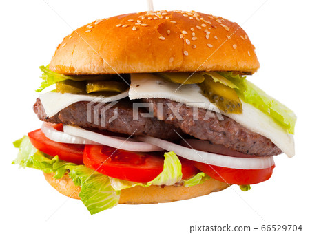 Double cheeseburger with beef, tomato, cheese, cucumber and lettuce Double cheeseburger with beef, tomato, cheese, cucumber and lettuce 66529704
