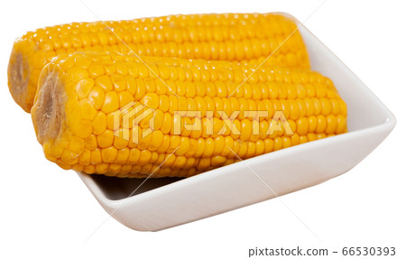 Delicious sweet boiled corn cobs on plate. Healthy food concept Delicious sweet boiled corn cobs on plate. Healthy food concept 66530393
