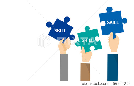 Image of selling skills and hands holding written puzzles, skills 66531204