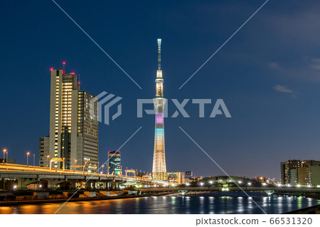 Urban landscape: Special illumination of Tokyo Sky Tree seen from Shioiri Park 66531320
