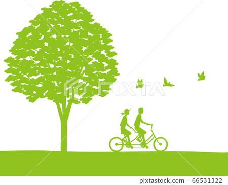 Couple riding a tandem bicycle under the tree 66531322
